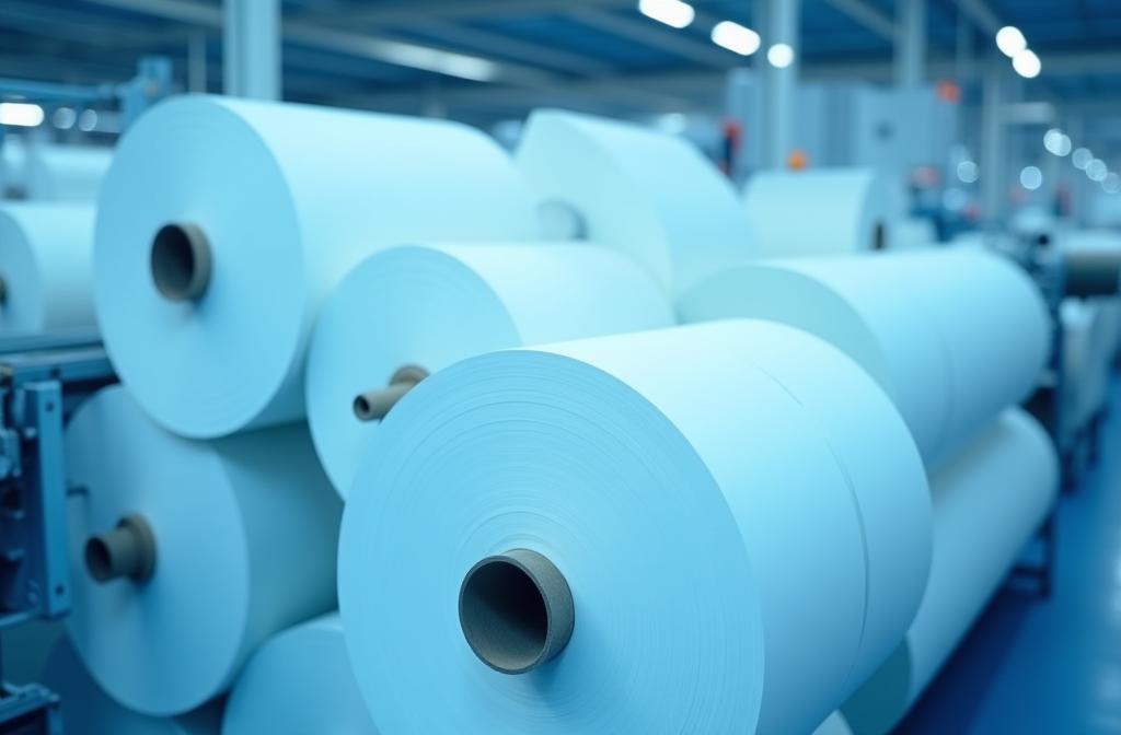 High-angle view of modern paper rolls in a clean manufacturing facility